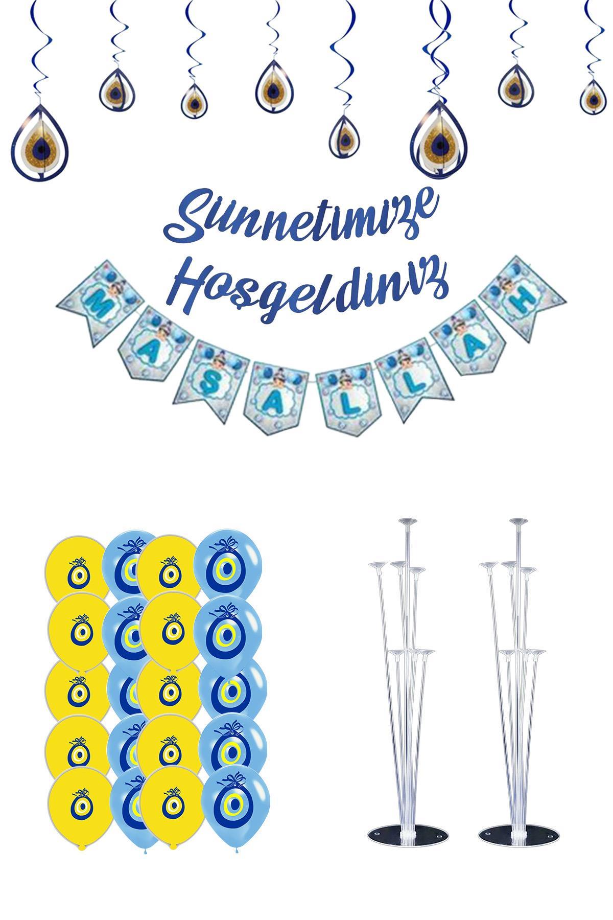 Sünnetimize Hoşgeldiniz ve Maşallah Banner, Tavan Süs ve  2 Balon Standı Ve 20 Sarı Mavi  Balon