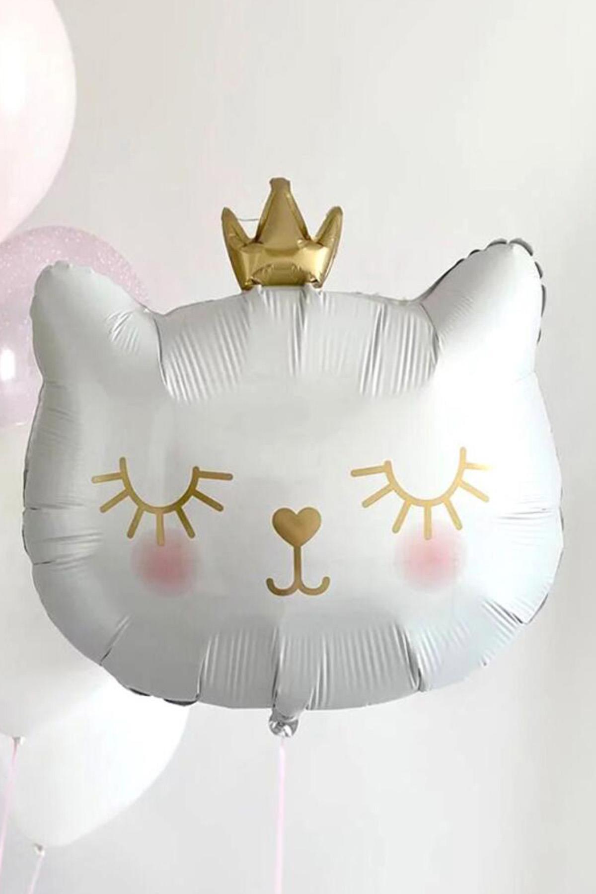 Taçlı Beyaz Kedi Folyo Balon 1 Adet 76x 64.5 Cm