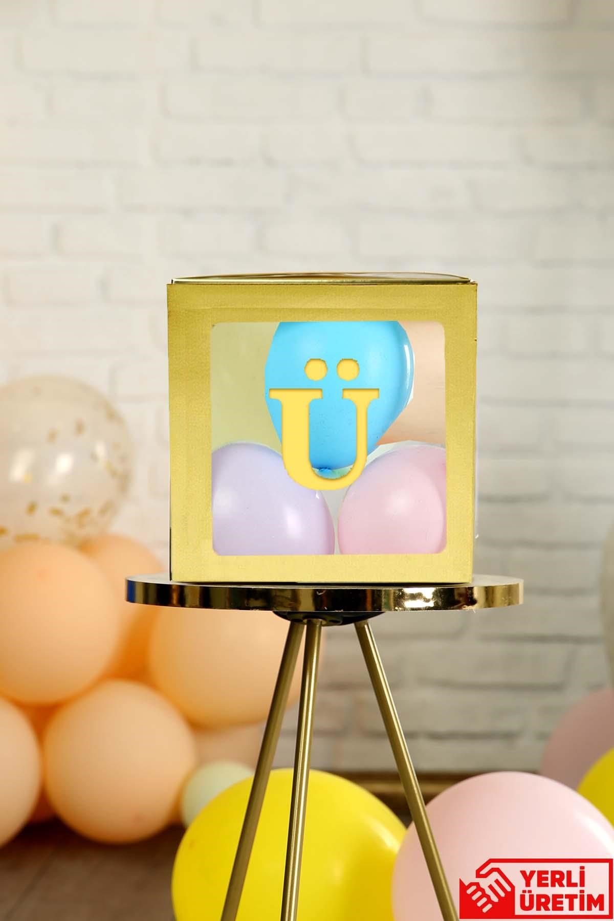 Ü Harfli Gold Şeffaf Büyük Boy 25*25 cm Balon Kutusu Kendin Yap Doğum Günü Parti Kutlama Seti