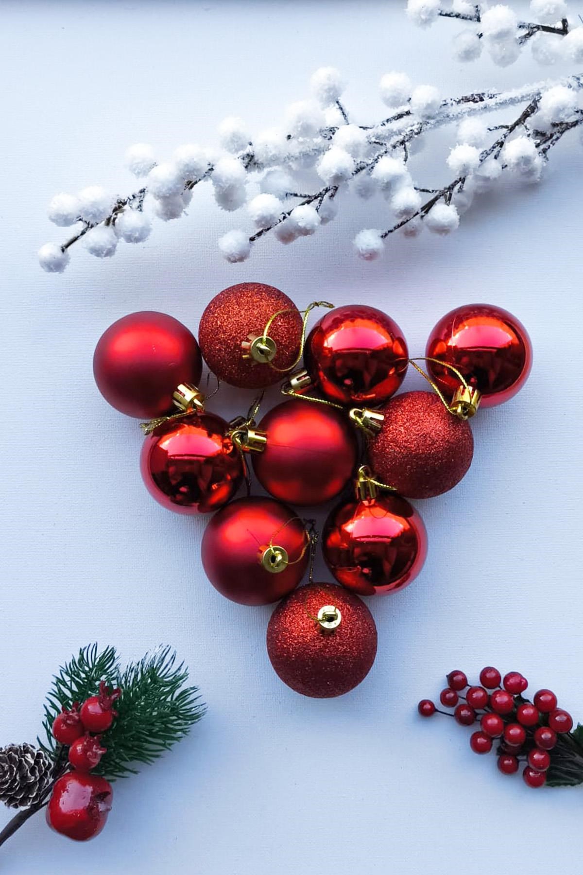 Yılbaşı Ağaç Süsü Kırmızı Renkli Top Noel Süs 5 Cm 10 Adet