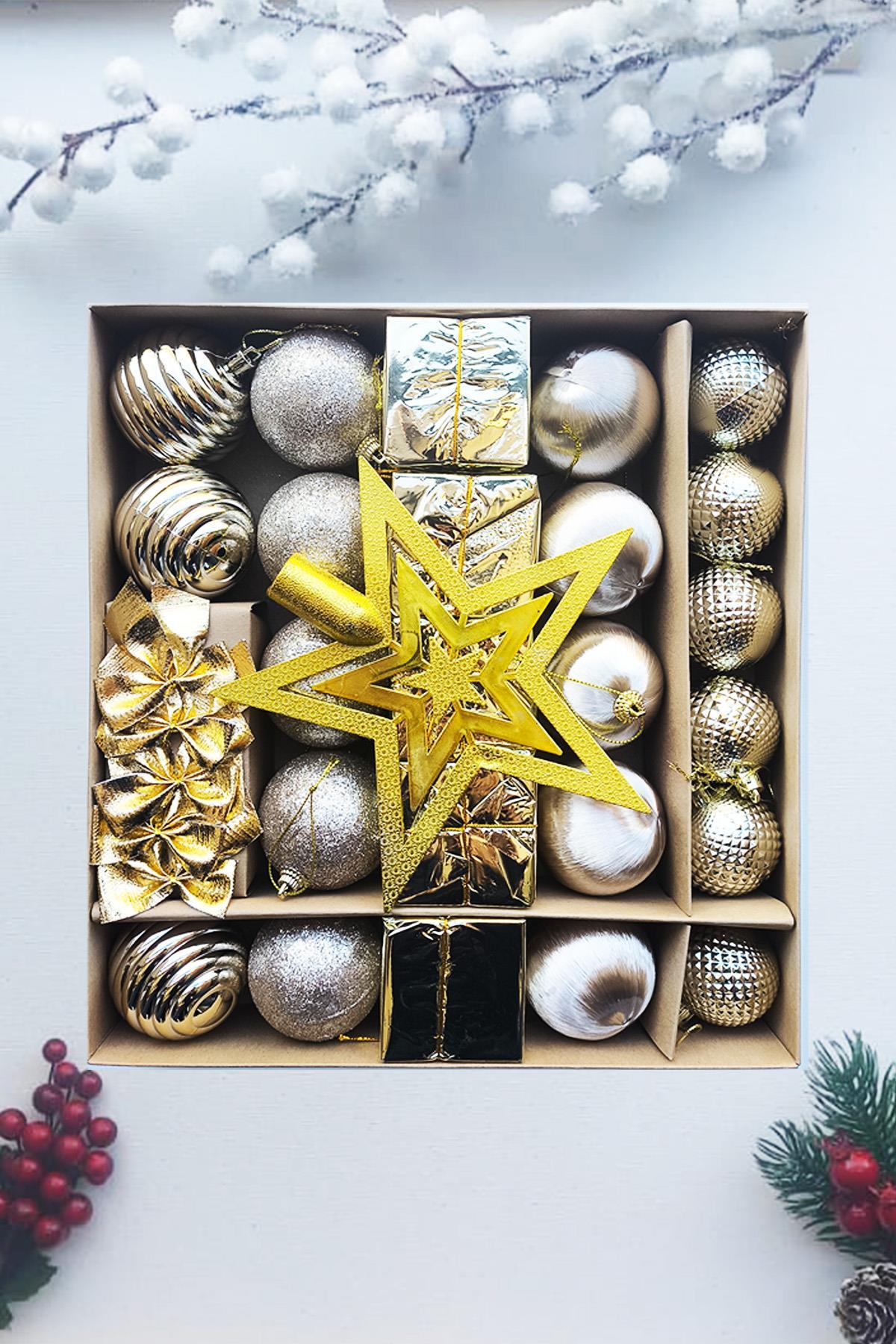 Yılbaşı Çam Ağacı Süsü 30 Parça Lüks Gold Noel Süsü 