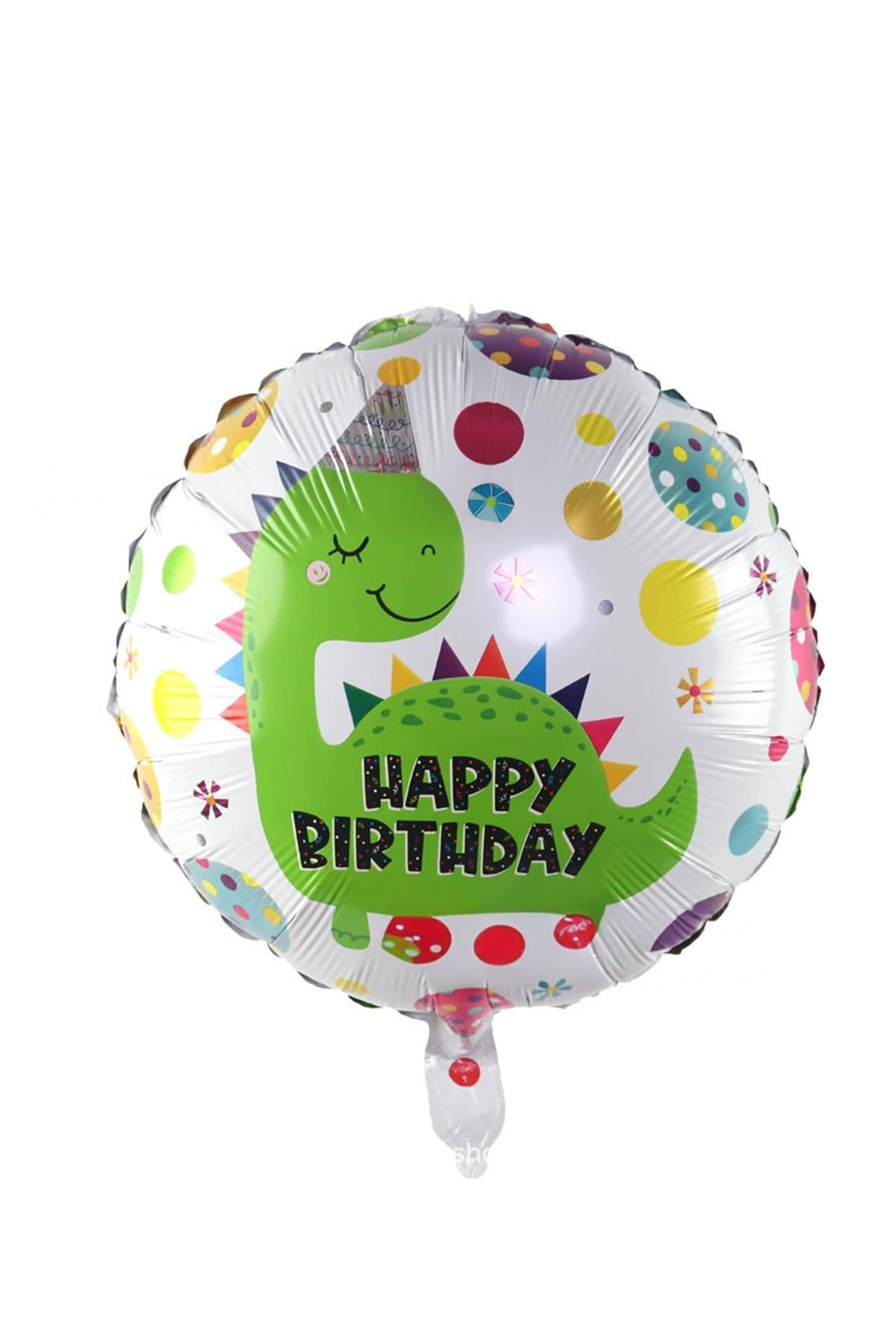 Yuvarlak Happy Birthday Baskılı Yeşil Dinazor Folyo Balon