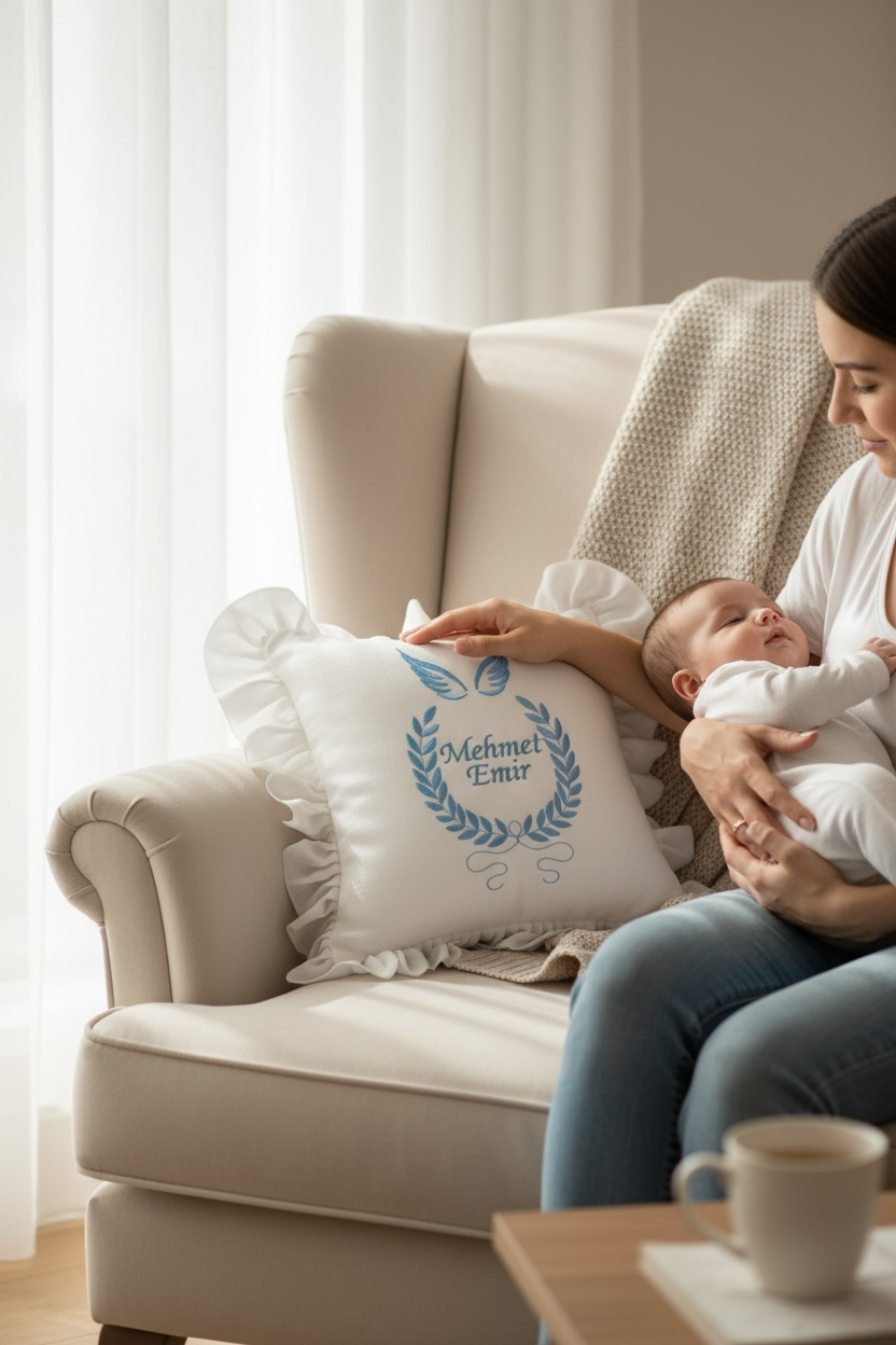 Cupid Melek Kanadı Nakışlı Keten Dokulu Bebek Yastık