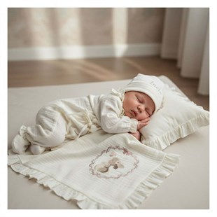 Ecru Müslin 4'lü Set – Tavşan Nakışlı İsimli Bebek Koleksiyonu