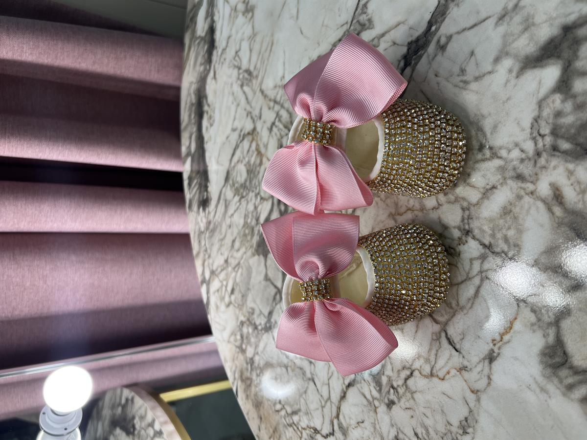 Lucy Taş Detaylı Bebek Patiği Gold Taşlı