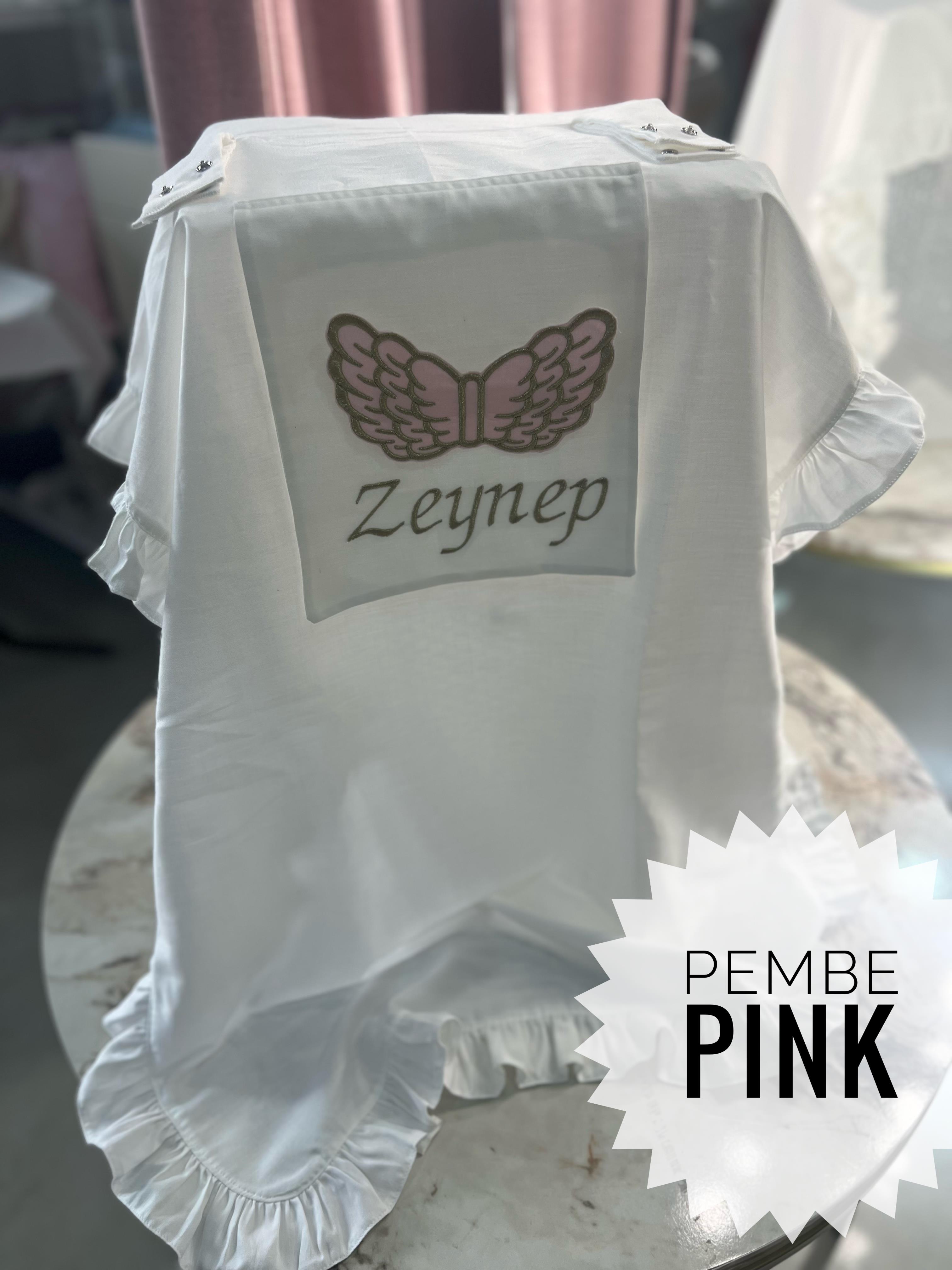 Rachel Melek Kanatlı Nakışlı İsimli Bebek Puset Örtüsü