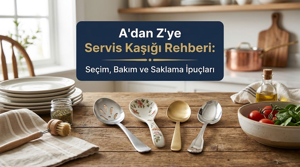 Ahşap masa üzerinde şık metal, porselen ve gold servis kaşıkları