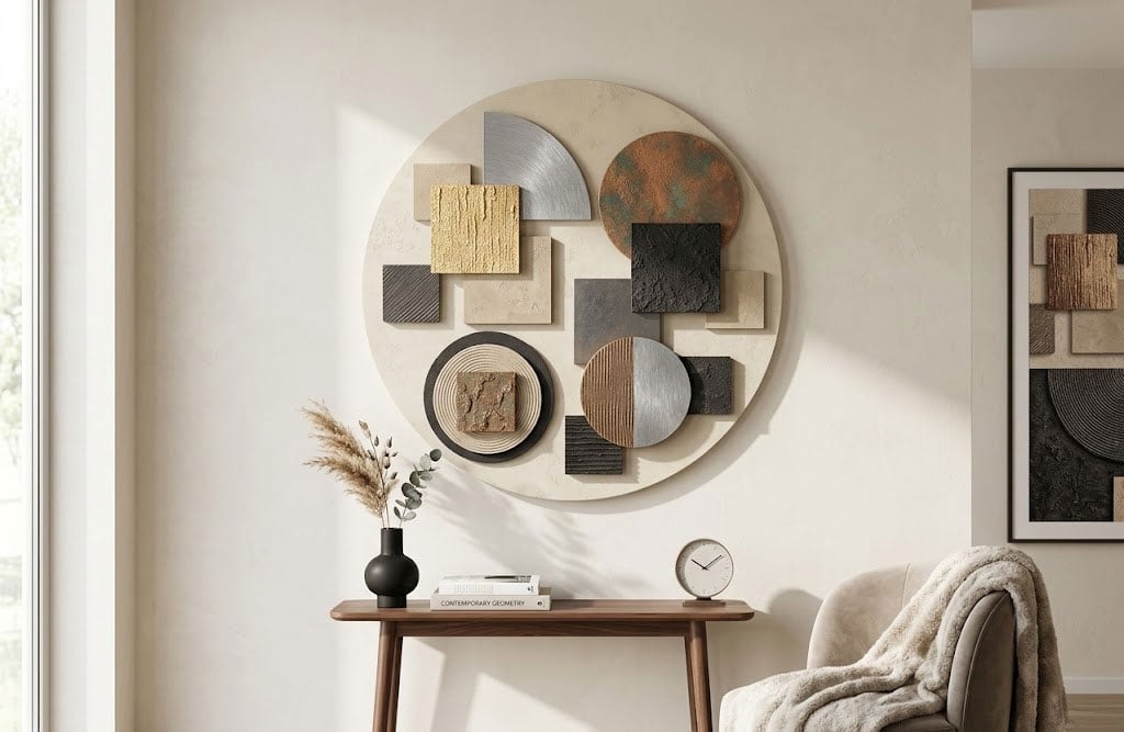 Camlica Home Wien Serisi modern dairesel tablo kombinasyonu ve ahsap konsol uzerinde dekoratif duvar saati ile galeri duvari tasarimi