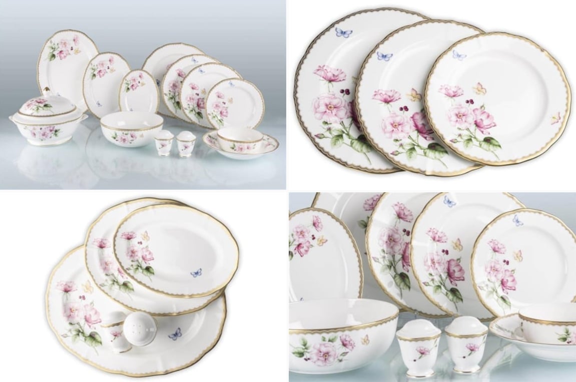 Mikasa Moor Pembe Gül ve Kelebek Desenli Lüks Porselen Yemek Takımı, Çizilmeye Dayanıklı Sofra Seti