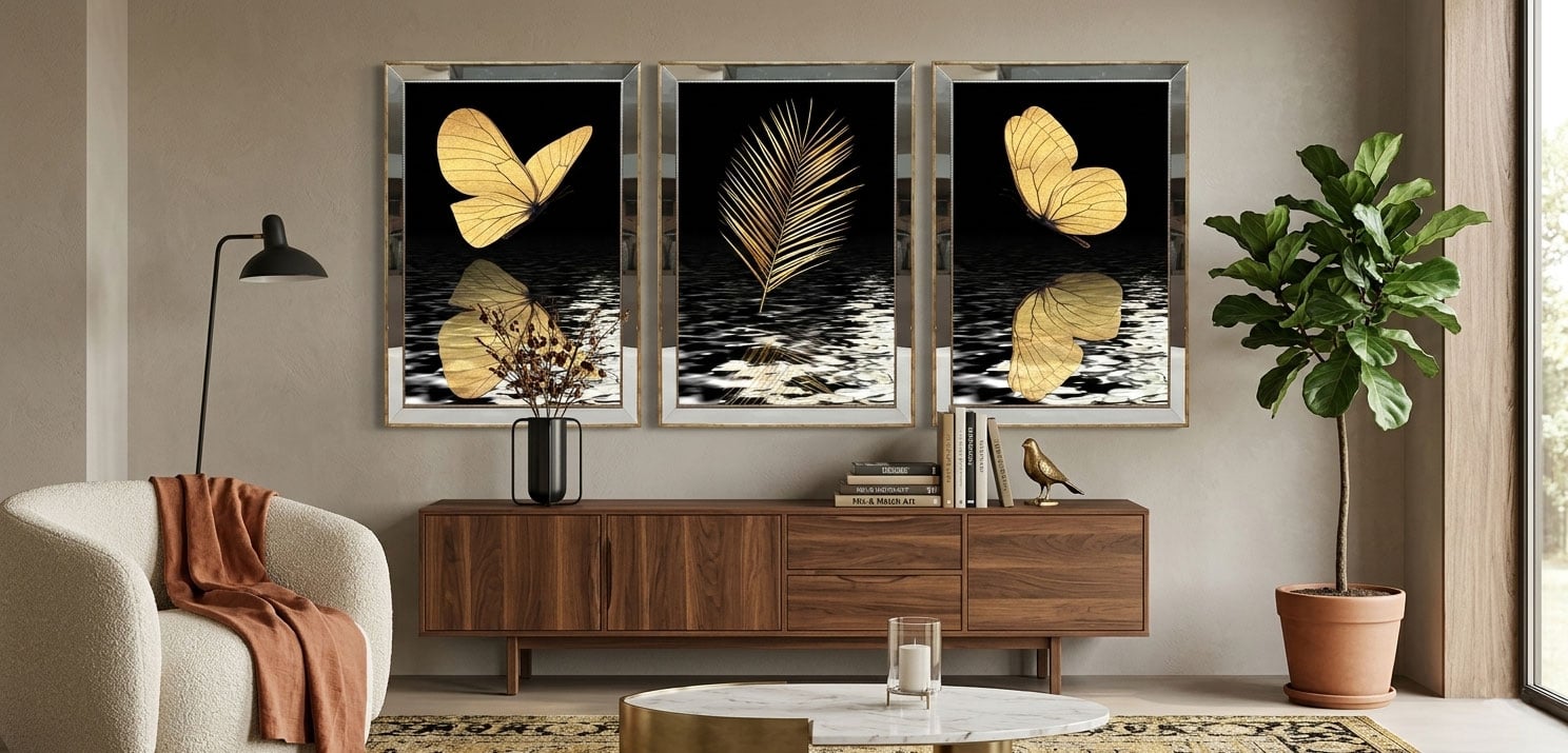 Çamlıca Home modern salon dekorasyonunda ahşap konsol arkasındaki duvara asılmış üçlü kombin tablo seti ve dekoratif objeler