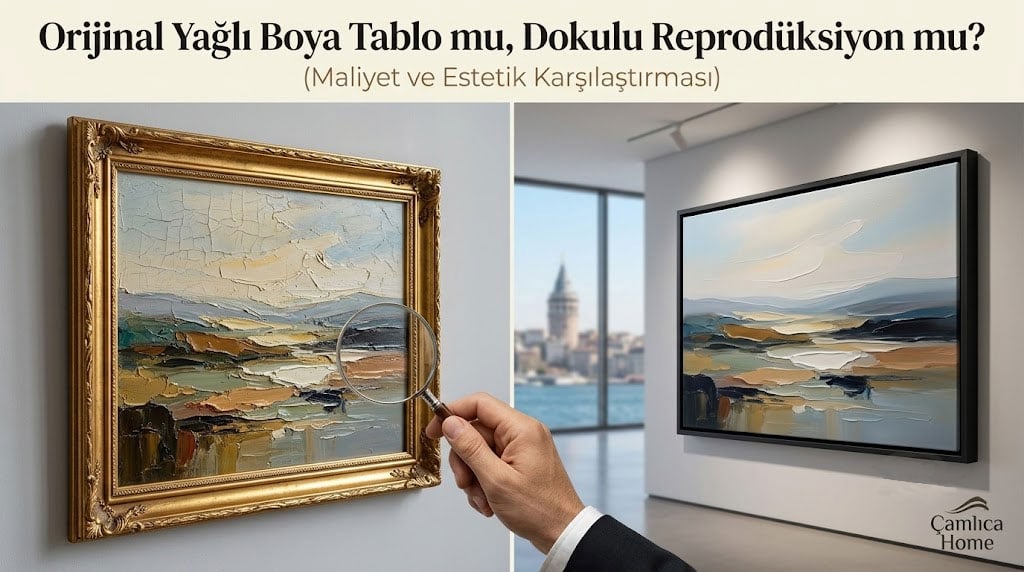 Orijinal yağlı boya tablo ve el işçiliği jel kabartma dokulu reprodüksiyon karşılaştırması detaylı analiz kapak görseli