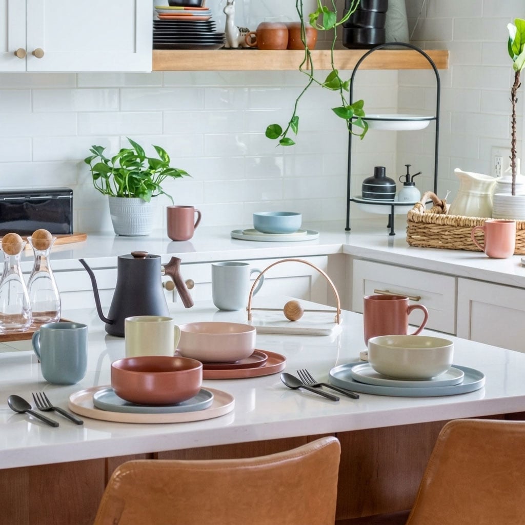 Modern bir mutfakta şık bir sofra düzeni üzerinde sergilenen porselen, seramik ve stoneware tabaklar ve mutfak aksesuarları.