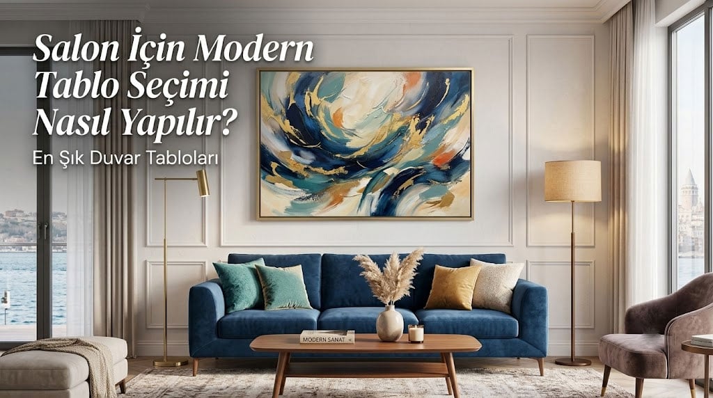 Salon için modern tablo seçimi rehberi kapak görseli lacivert koltuk üzeri jel kabartma tablo dekorasyonu