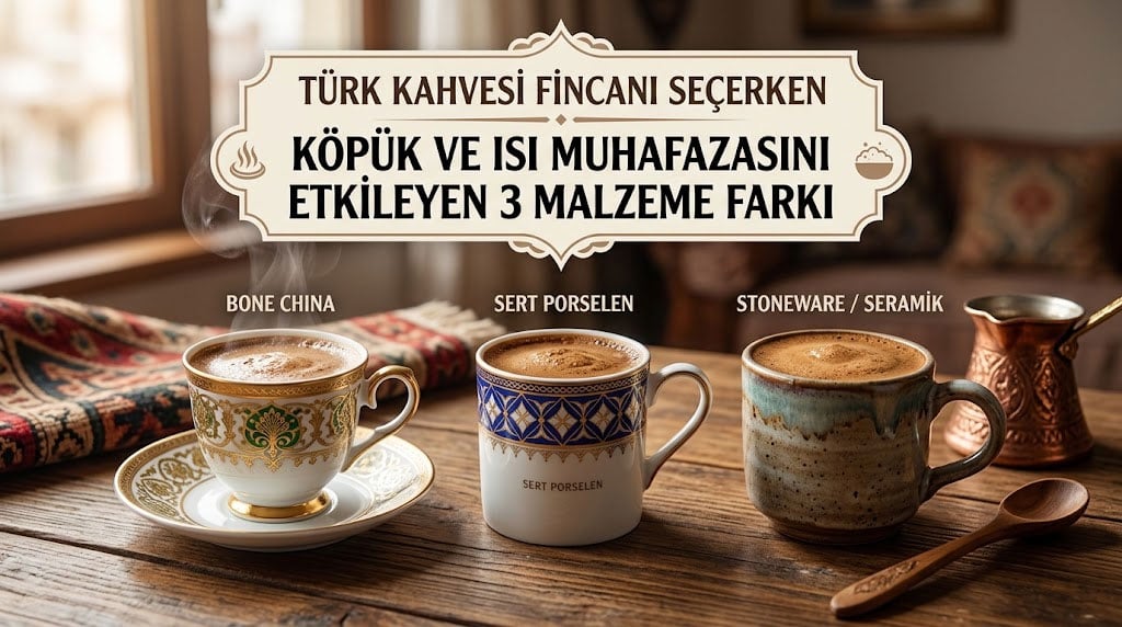Ahşap masa üzerinde Bone China, sert porselen ve seramik Türk kahvesi fincanları ile malzeme karşılaştırması