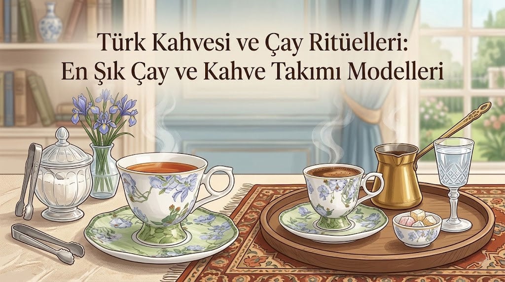 Çamlıca Home tarzını yansıtan çiçek desenli porselen çay fincanı ve bol köpüklü Türk kahvesi takımı sunumu kapak görseli