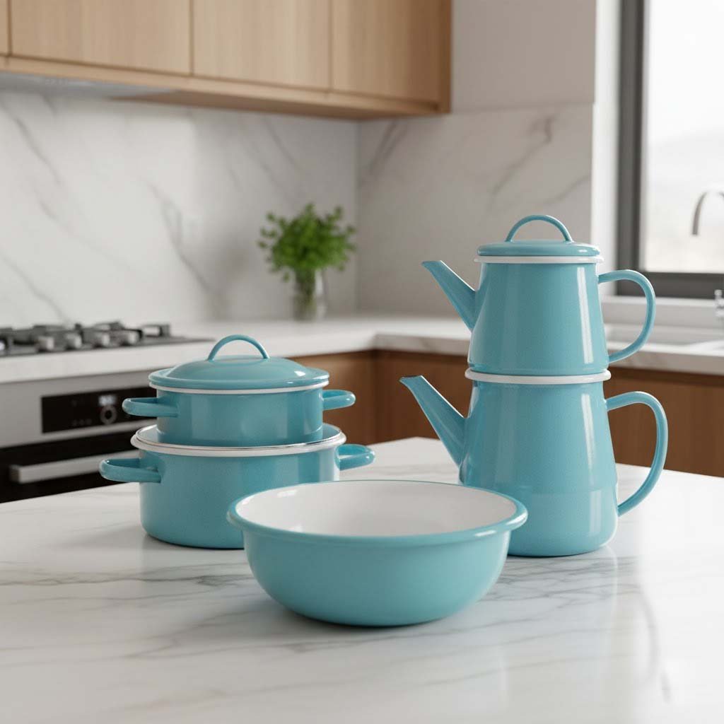 Emayeci markasına ait, turkuaz ve beyaz renkli, kordonlu emaye tencere ve çaydanlık seti ile modern mutfakta sağlıklı pişirme düzenlemesi.