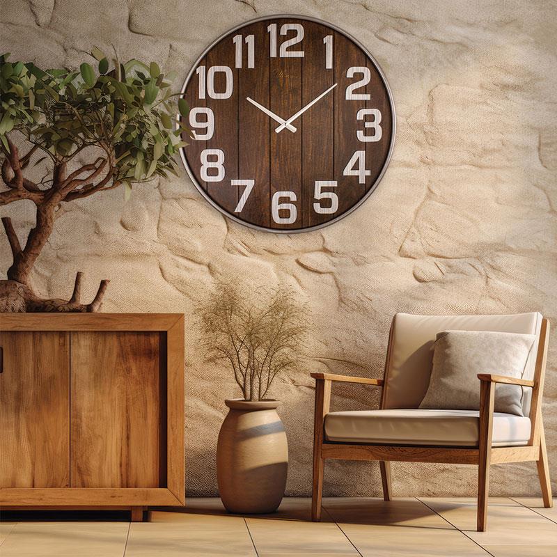 62 cm Büyük Boy Metal Çerçeveli Rustik Ahşap Duvar Saati