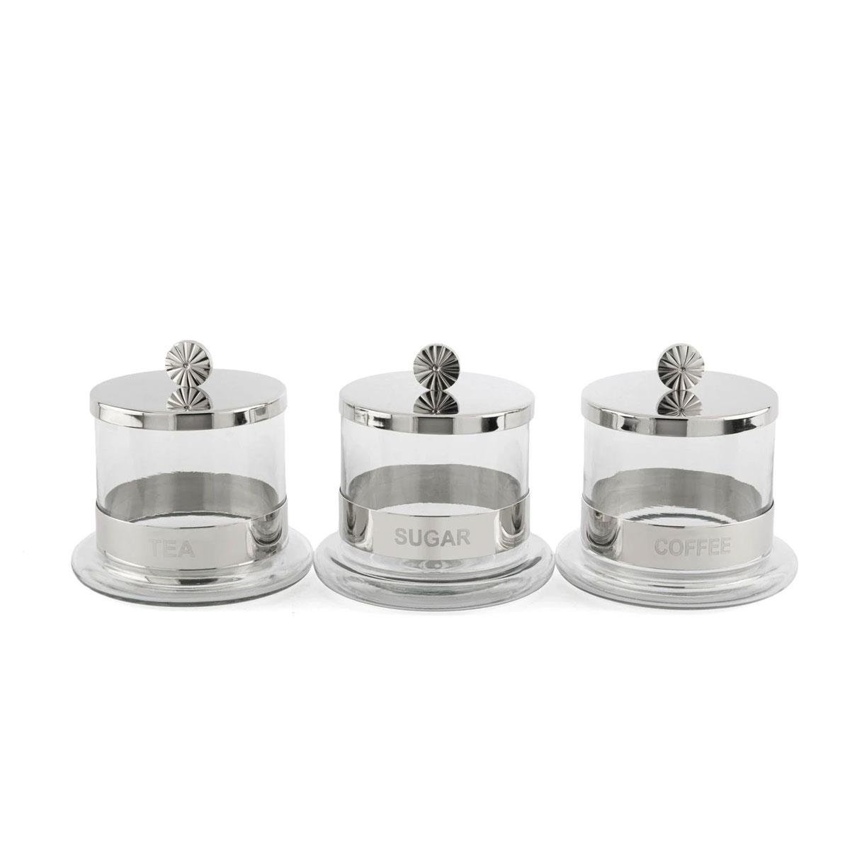 3lü Çay Kahve Şeker Kavanoz Seti 14x14 cm - Metal Kapaklı Lüks Cam Erzak Kutusu