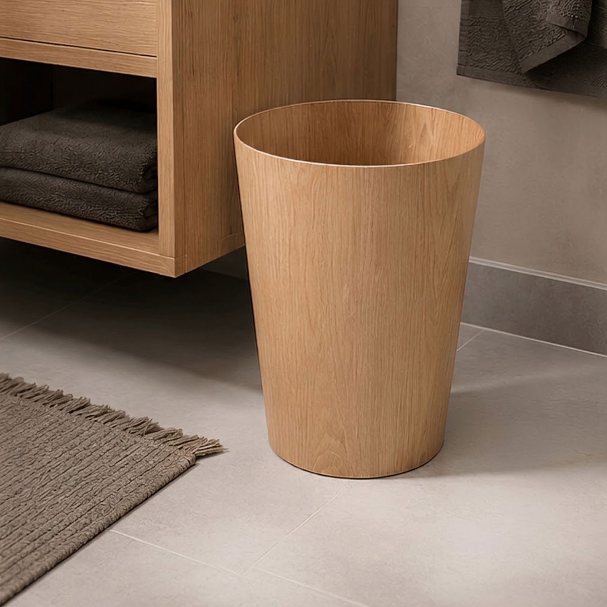 Ahşap Çöp Kovası - Yuvarlak Banyo ve Ofis Kağıt Sepeti 28x15x30 cm