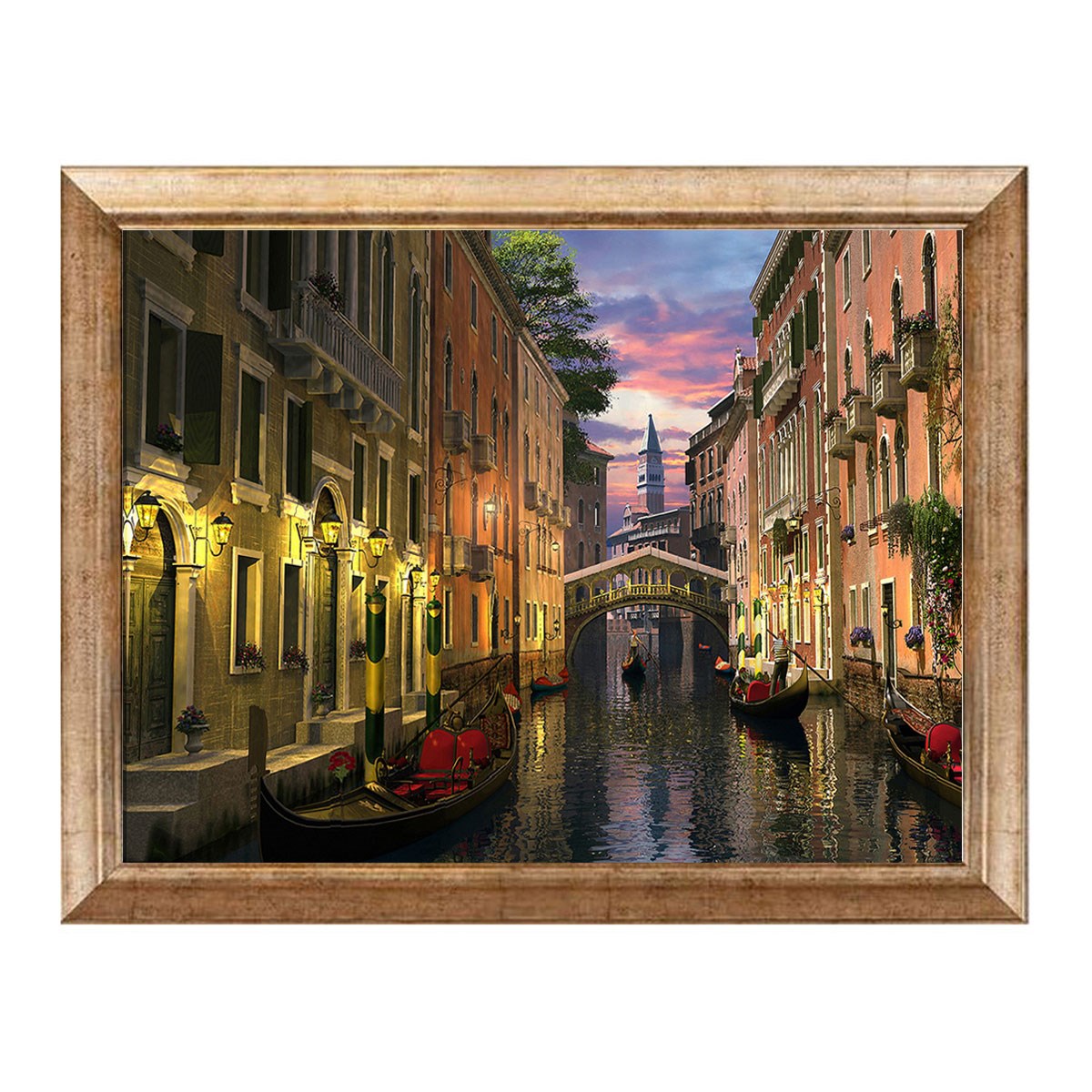 Alacakaranlıkta Venedik Kanalı Işıklı Sokaklar ve Gondollar Tablosu