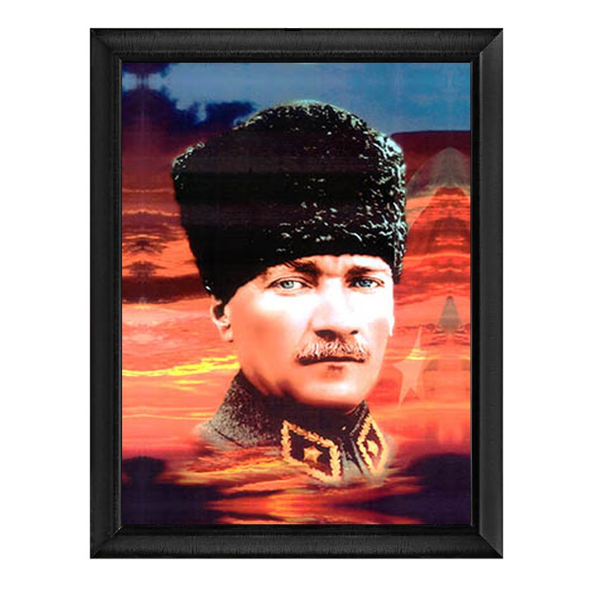 Atatürk Kalpaklı Mavi Gözlü Renkli Altın Çerçeveli Tablo