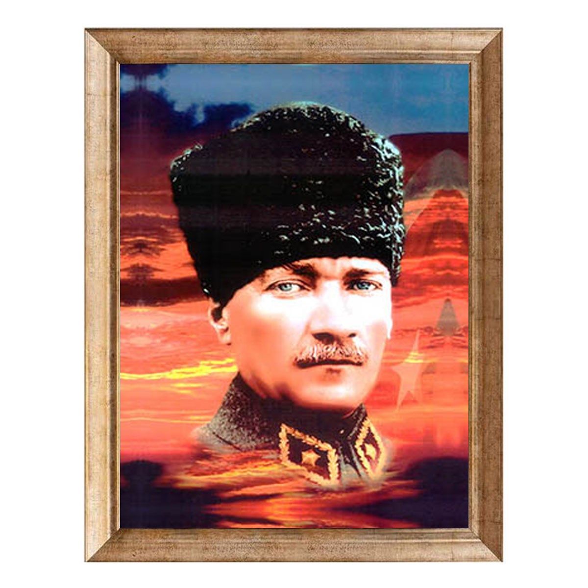 Atatürk Kalpaklı Mavi Gözlü Renkli Altın Çerçeveli Tablo