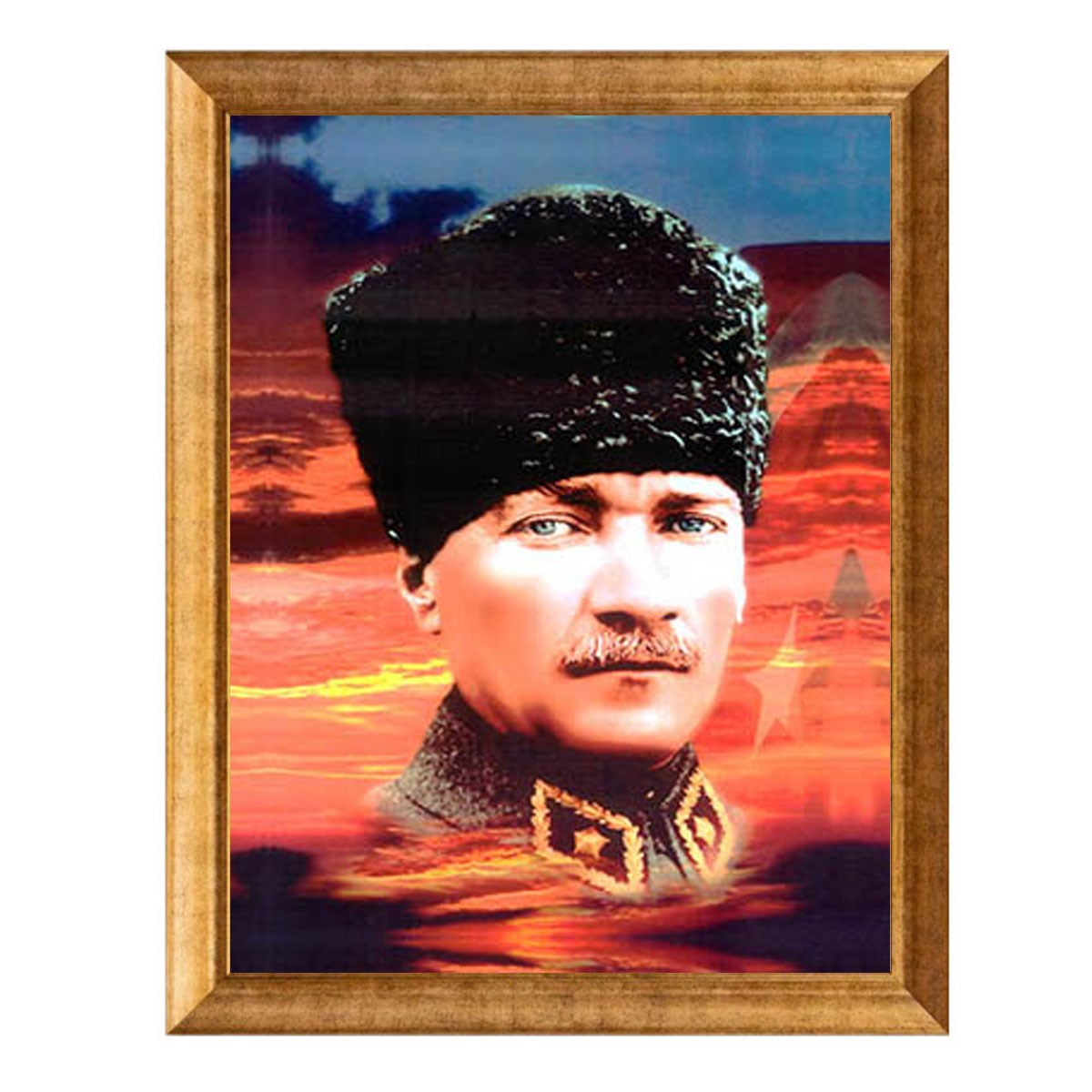 Atatürk Kalpaklı Mavi Gözlü Renkli Altın Çerçeveli Tablo