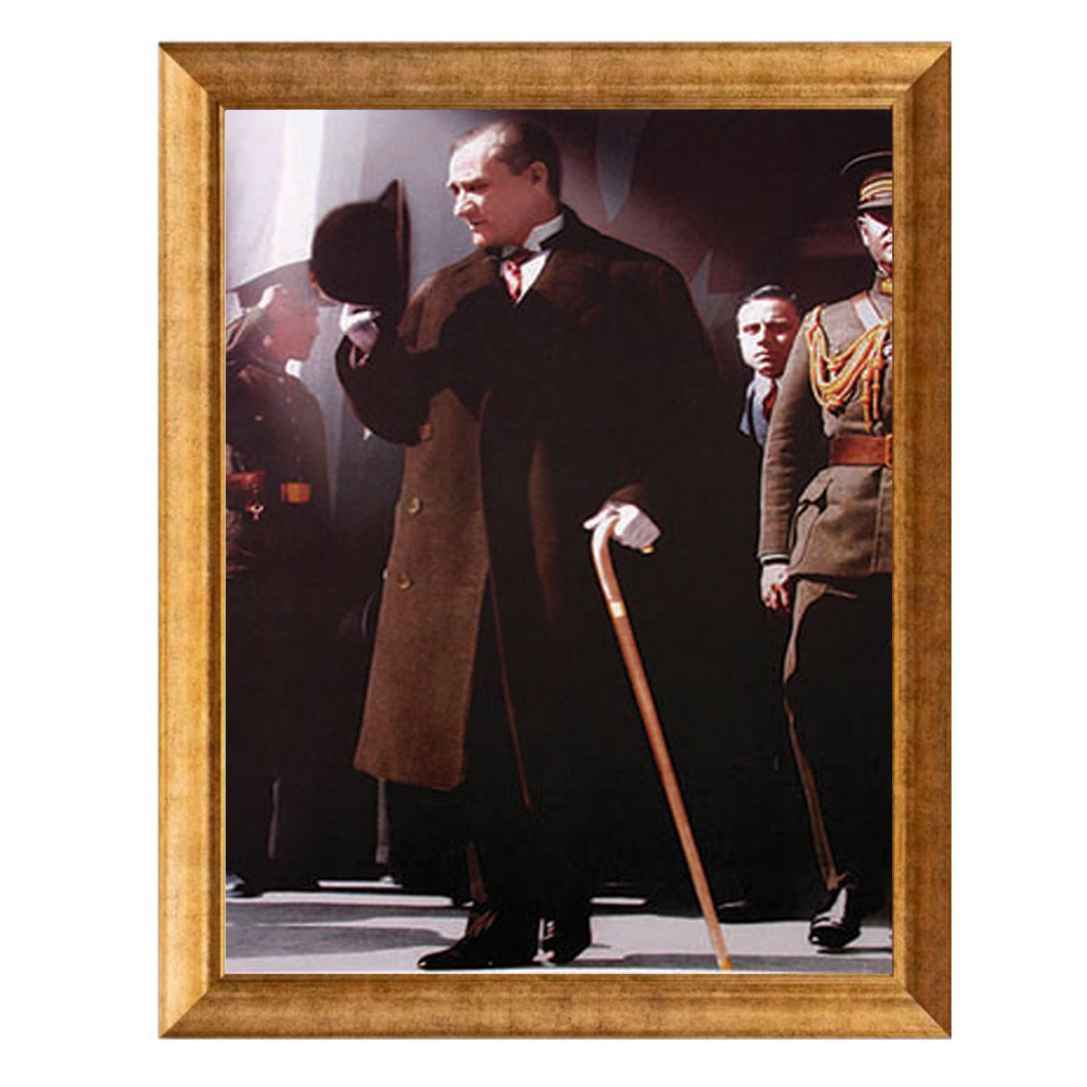 Atatürk Paltolu Bastonlu Renkli Altın Çerçeveli Tablo