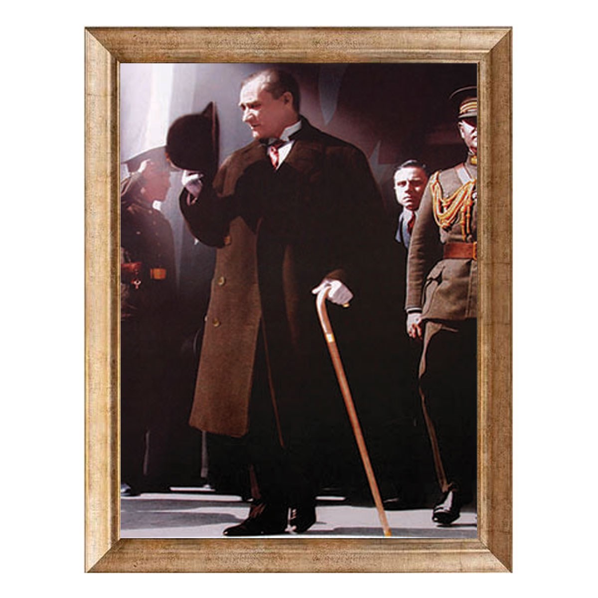 Atatürk Paltolu Bastonlu Renkli Altın Çerçeveli Tablo