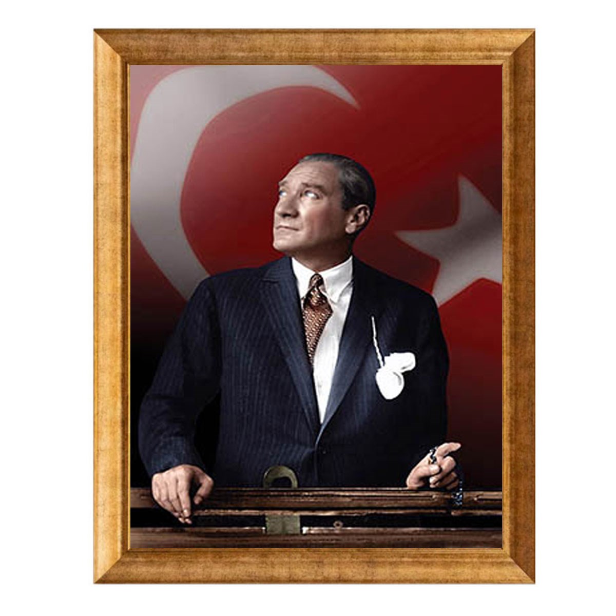 Atatürk Türk Bayraklı Renkli Altın Çerçeveli Tablo