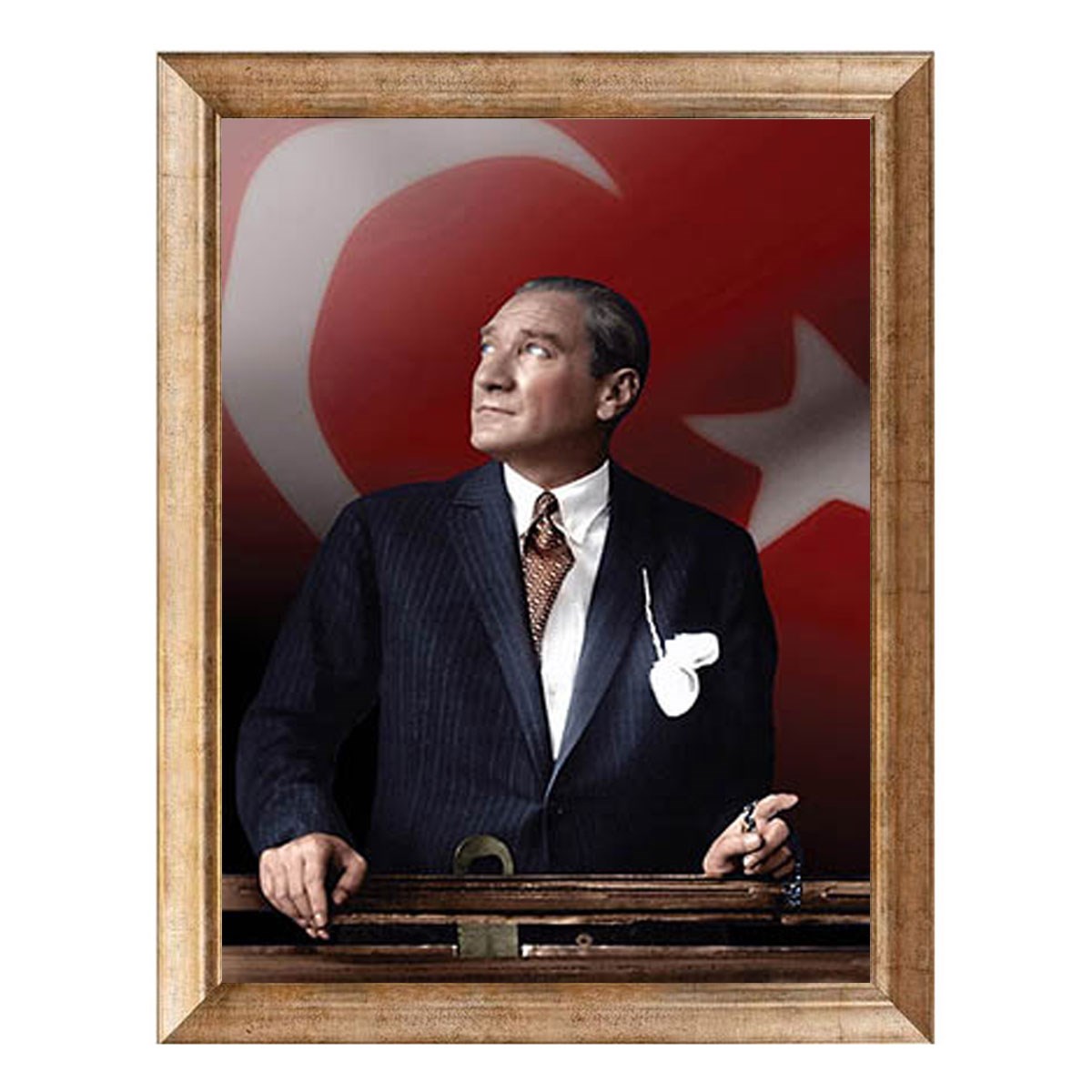 Atatürk Türk Bayraklı Renkli Altın Çerçeveli Tablo