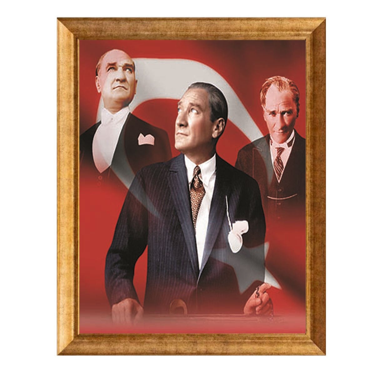 Atatürk Üç Resimli Kolaj Bayraklı Altın Çerçeveli Tablo
