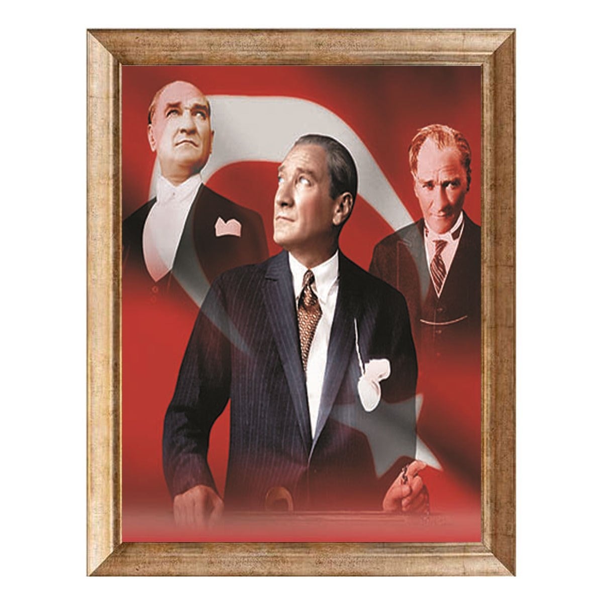 Atatürk Üç Resimli Kolaj Bayraklı Altın Çerçeveli Tablo