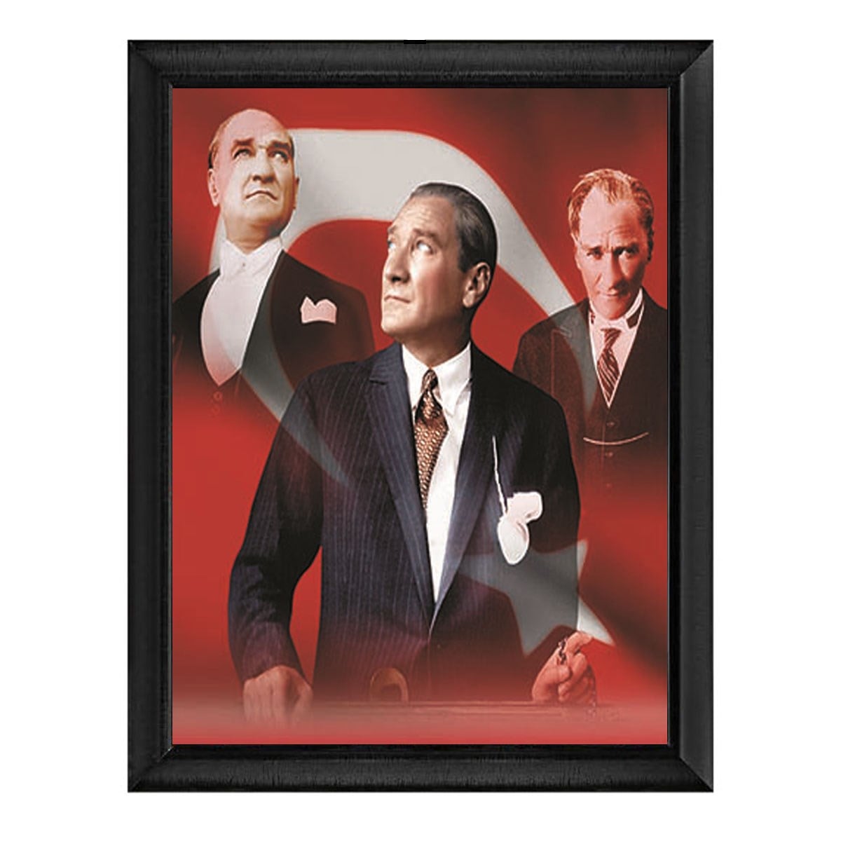 Atatürk Üç Resimli Kolaj Bayraklı Altın Çerçeveli Tablo