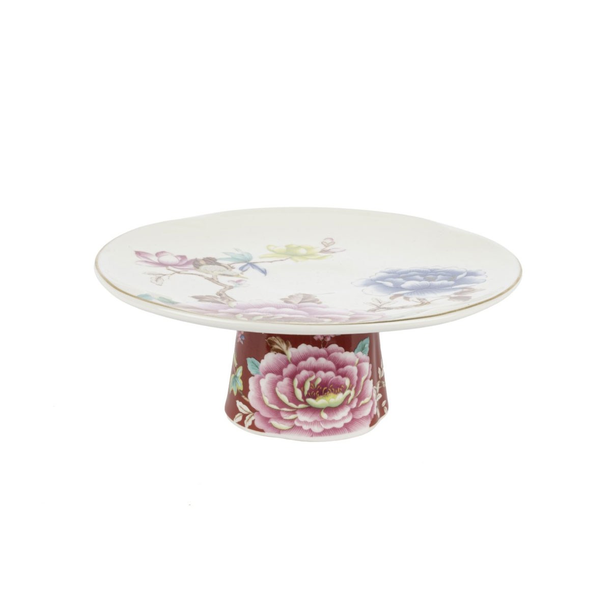 Çamlıca Home Verona bordo şakayık desenli porselen ayaklı kek standı 16 cm