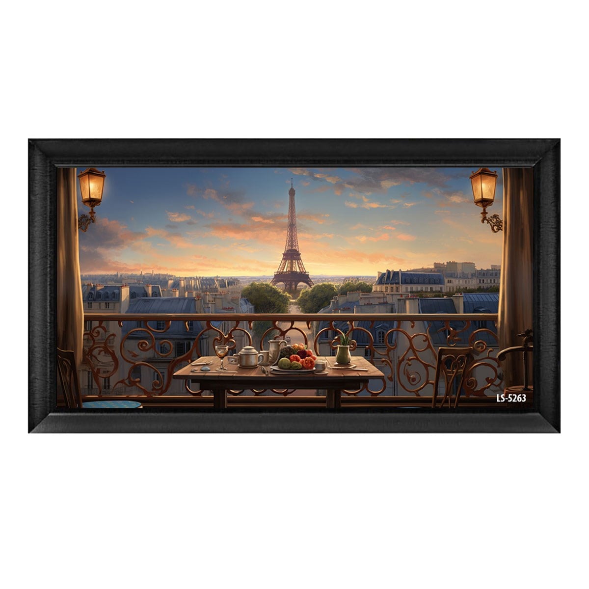 Balkon Kahvaltı Masası ve Paris Eyfel Kulesi Manzaralı Tablo