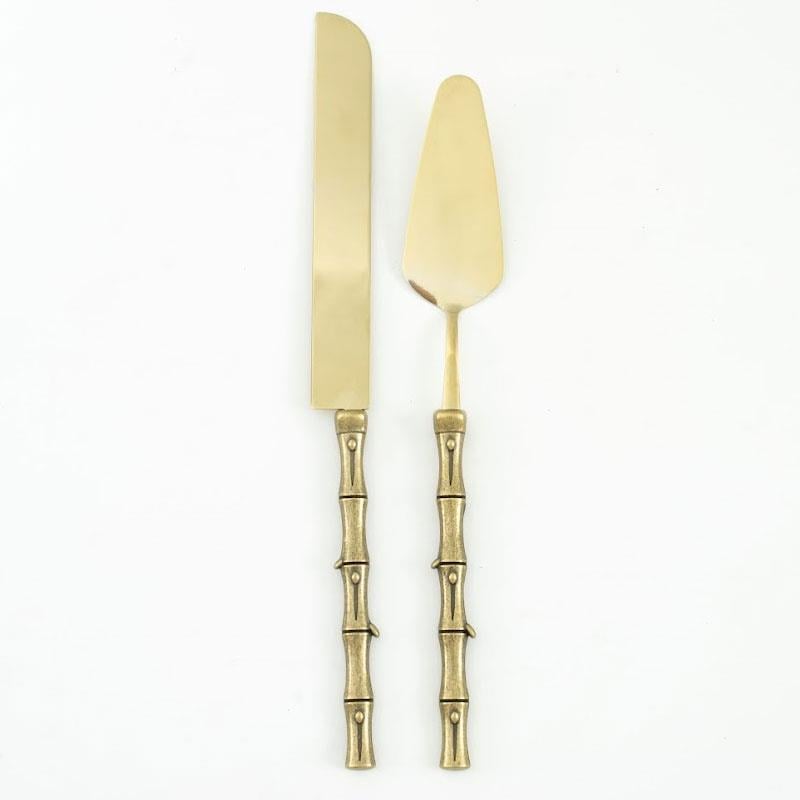 Bambu 2 Parça Pasta Seti Antik Titanyum - bambu-tasarımlı-altın-renk-pasta-servis-takımı
