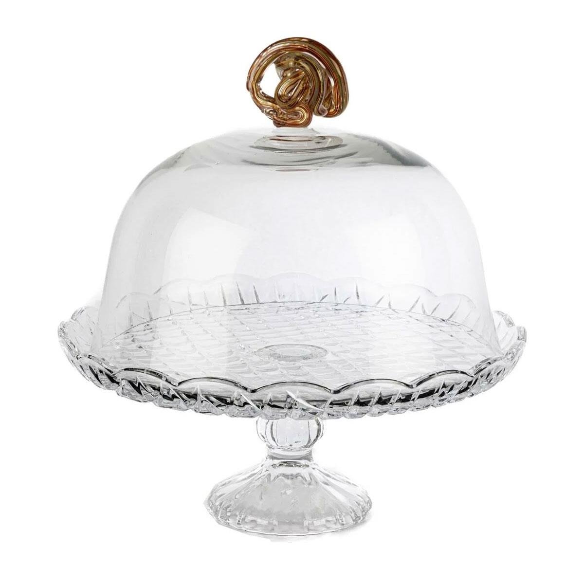 Büyük Boy Amber Burgu Kulplu Kapaklı Ayaklı Cam Kek Standı 31x31 cm - Lüks Pasta Fanusu