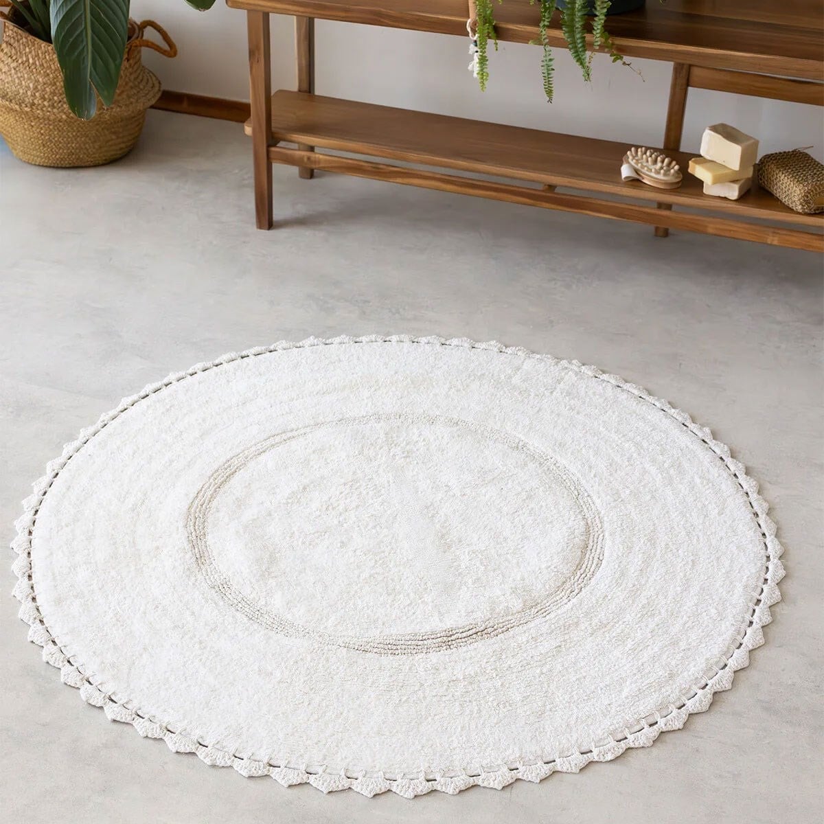 Cathy Ekru Yuvarlak Banyo Paspası 120x120 Pamuklu ve Dantelli