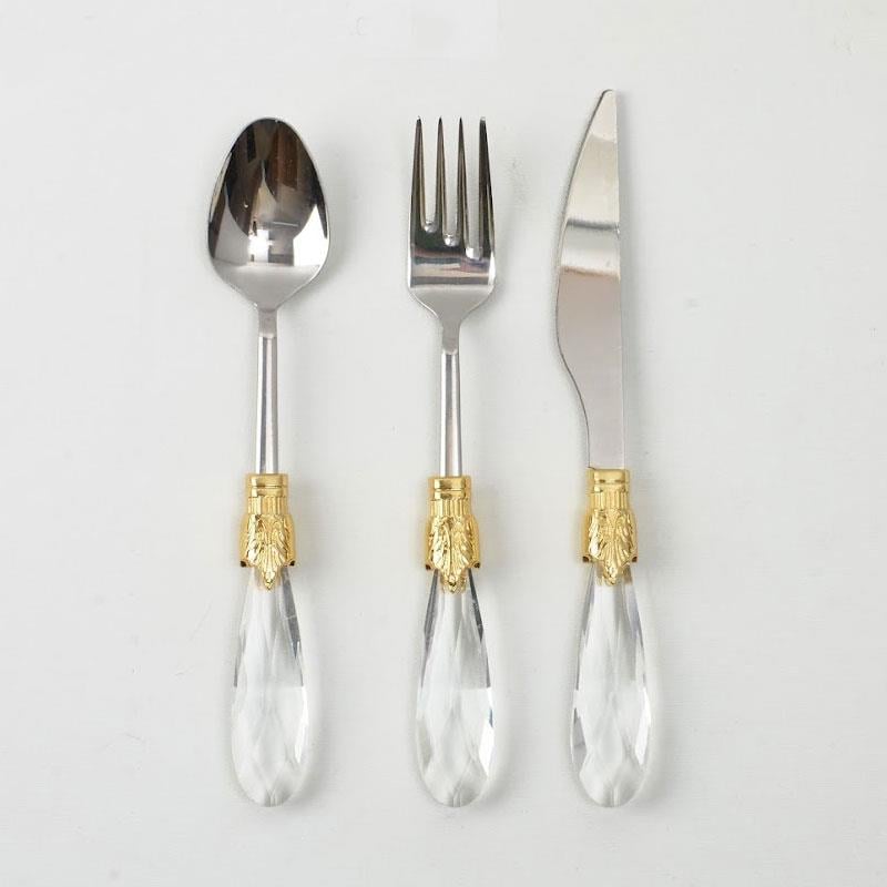 Emayra 18 Parça 6 Kişilik Altın Kristal Saplı Tatlı Çatal Kaşık Bıçak Seti - Çamlıca Home