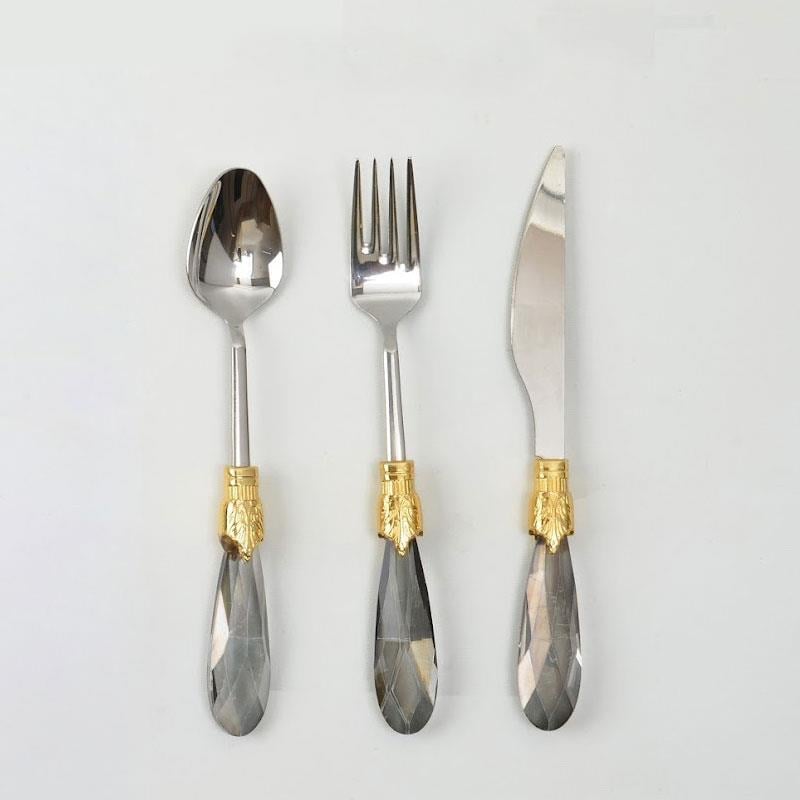 Emayra 18 Parça 6 Kişilik Füme Altın Kristal Saplı Tatlı Çatal Kaşık Bıçak Seti - Çamlıca Home