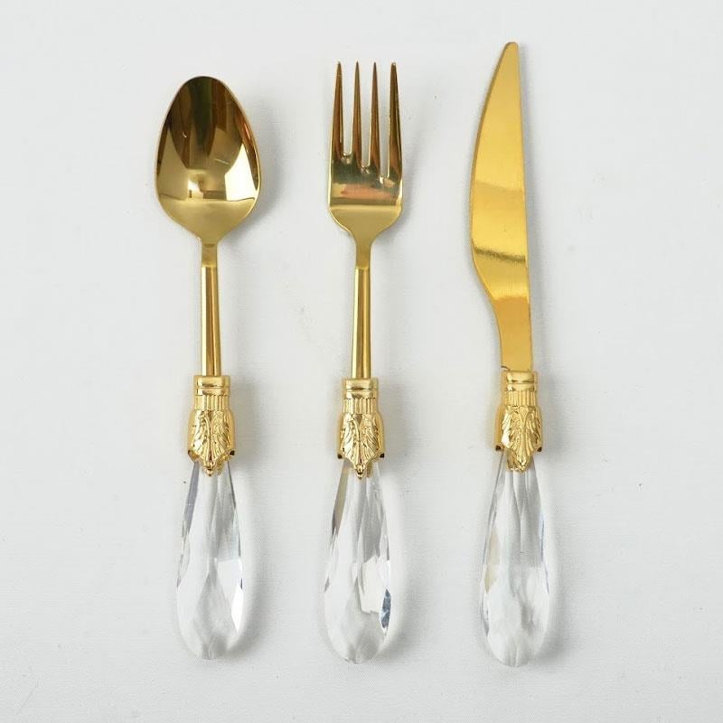 Emayra 18 Parça 6 Kişilik Altın Titanyum Kristal Saplı Tatlı Çatal Kaşık Bıçak Seti - Çamlıca Home