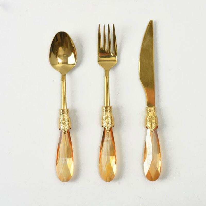 Emayra 18 Parça 6 Kişilik Amber Titanyum Kristal Saplı Tatlı Çatal Kaşık Bıçak Seti - Çamlıca Home