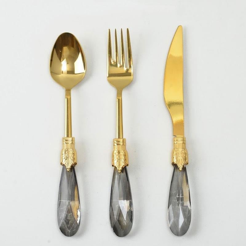 Emayra 18 Parça 6 Kişilik Füme Titanyum Kristal Saplı Tatlı Çatal Kaşık Bıçak Seti - Çamlıca Home