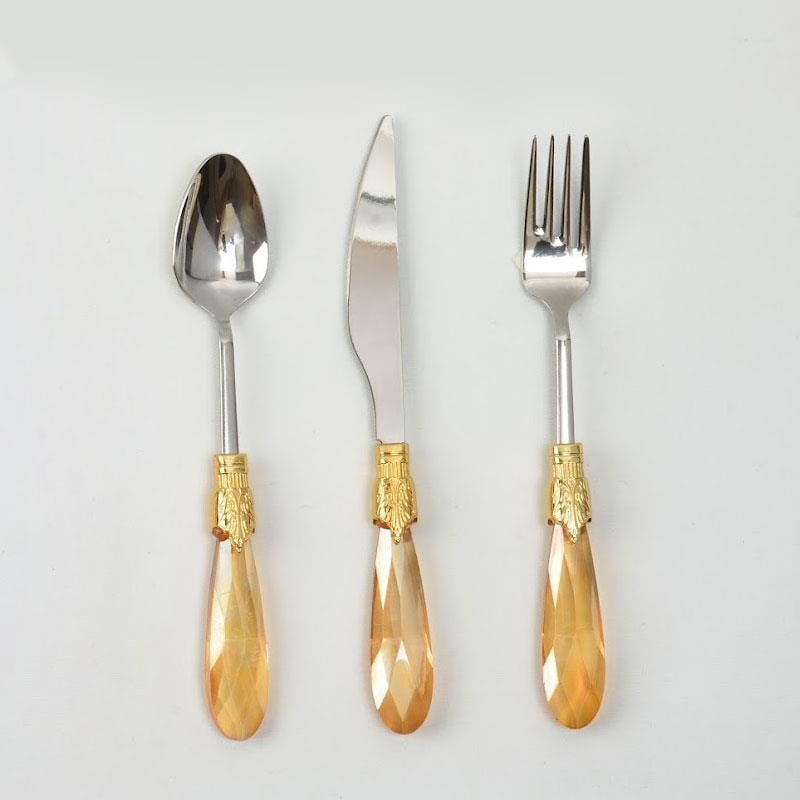 Emayra 18 Parça 6 Kişilik Amber Altın Kristal Saplı Tatlı Çatal Kaşık Bıçak Seti - Çamlıca Home