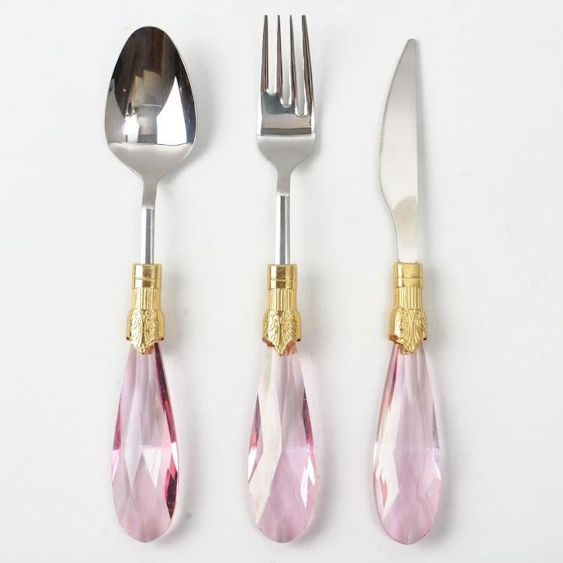 Emayra Diamond 18 parça pembe kristal saplı gümüş çelik yemek takımı - Çamlıca Home