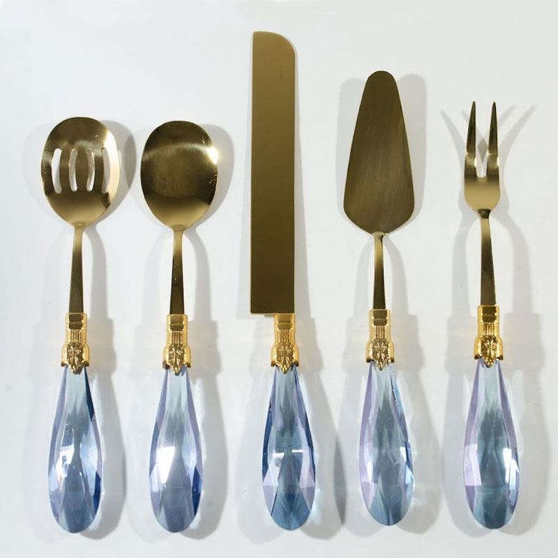 Emayra Diamond 5 Parça Mavi Altın Kristal Saplı Servis Seti - Çamlıca Home