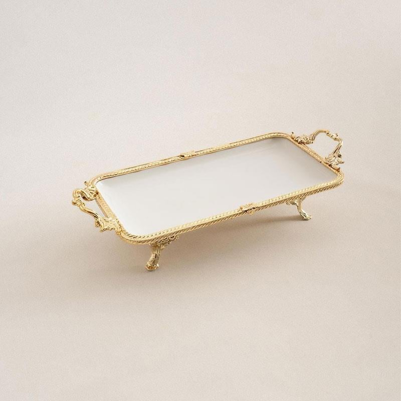 Emayra Altın Dikdörtgen Kulplu Porselen Sunum Tabağı 30x14 cm