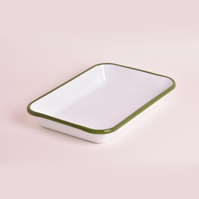 Emaye Meze Tabağı Beyaz Kordon Ç. Yeşil 27 x 19 cm