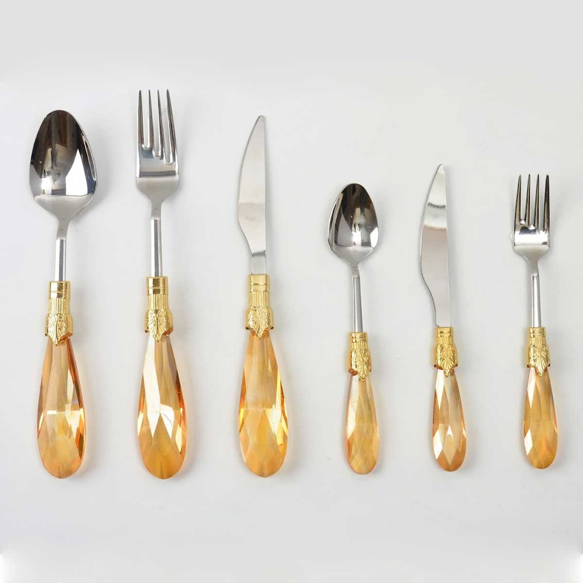 Emayra Diamond 36 parça amber kristal saplı altın bilezikli paslanmaz çelik yemek takımı - Çamlıca Home